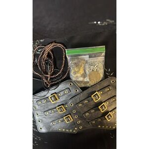 Steampunk Faux Leather Buckle Gauntlets Bracers with Gear Charms and Beads Set